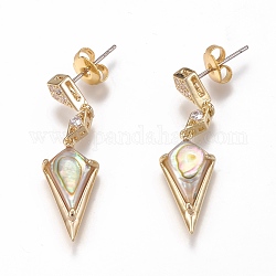 Brass Micro Pave Clear Cubic Zirconia Dangle Stud Earrings, with Natural Abalone Shell/Paua Shell and Ear Nuts, Rhombus, Golden, 34mm, Pin: 0.6mm