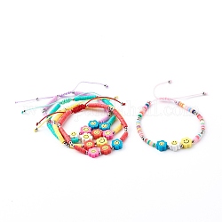 Verstellbare geflochtene Perlenarmbänder aus Nylonfaden, mit Polymer Clay heishi Perlen, Blume mit lächelndem Gesicht, Mischfarbe, 2~2-7/8 Zoll (5~7.2 cm)