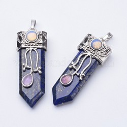 Lapis lazuli naturel gros pendentifs pointus, avec accessoires en laiton, 57~61x15~20x10~14mm, Trou: 4x7mm