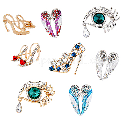 DICOSMETIC 7Pcs 7 Style High Heels & Eye & Heart Wing Rhinestone Brooches, Zinc Alloy Fashion Lapel Pin for Backpack Clothes, Mixed Color, 28~41x36~47x8~13.5mm, 1Pc/style