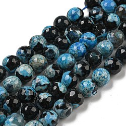 Faceted Round Dyed Natural Fire Crackle Agate Beads Strands, Deep Sky Blue, 8mm, Hole: 1mm, about 47~49pcs/strand, 14 inch~15 inch