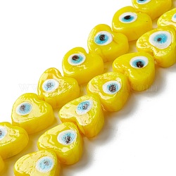 Hechos a mano de los abalorios del lampwork del ojo malvado, corazón, amarillo, 14.5~15x15.5~16x6.5~7.5mm, agujero: 1~1.6 mm, aproximamente 25 pcs / cadena, 14.02~13.66 pulgada (34.7~35.6 cm)