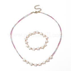 Stella di conchiglia naturale e collana di perline di semi di vetro e braccialetto elasticizzato, set di gioielli per le donne, colorato, 17-7/8 pollice (45.3 cm), 1-3/4 pollice (4.35 cm)