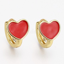 Серьги-кольца Huggie из латуни с эмалью, долговечный, сердце, реальный 18k позолоченный, красные, 10x15x2.5 мм, штифты : 1 мм