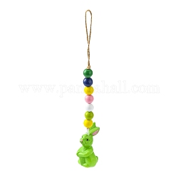 Décorations pendentif lapin en plastique thème pâques, avec corde de chanvre & perles en bois, vert jaune, 282mm