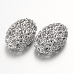 Perles creuses en laiton avec zircone cubique de micro pave, ovale, sans plomb et sans nickel, clair, platine, 19x12x7mm, Trou: 1mm