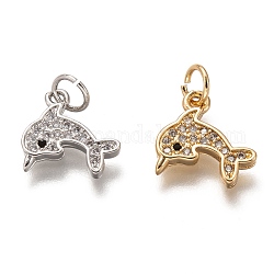 Brass Micro Pave Clear Cubic Zirconia Charms, Long-Lasting Plated, with Jump Ring, Dolphin Shape, Mixed Color, 11x12x1.5mm, Jump Ring: 5x1mm, 3mm Inner Diameter
