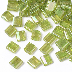 2-Loch transparente Glasperlen, ab farben, Rechteck, gelb-grün, 5x4.5~5.5x2~2.5 mm, Bohrung: 0.5~0.8 mm