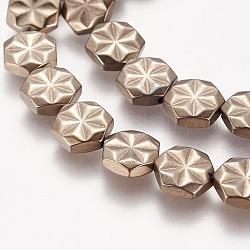 Chapelets de perles en hématite synthétique électrolytique sans magnétiques, AA grade, hexagone avec des fleurs, antique bronze plaqué, 9x8x2.5~3mm, Trou: 1mm, Environ 40 pcs/chapelet, 15.7 pouce (40 cm)