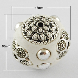 Handmade Indonesia Beads, with Alloy Cores, Round, Antique Silver, Floral White, 16x17x16mm, Hole: 2mm