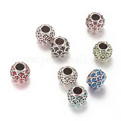 Perles européennes en alliage avec strass, Perles avec un grand trou   , rondelle, argent antique, couleur mixte, 10~11x8.5mm, Trou: 4.5mm