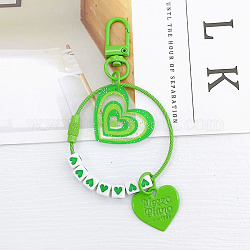 Porte-clés pendentif acrylique cube et coeur, avec cordon en polyester et accessoires en alliage peint par pulvérisation, lime green, 11 cm