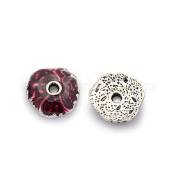 Antique Silver Plated Alloy Enamel Bead Caps, Red, 13x13x2mm, Hole: 2mm