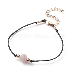 Naturel rose de bracelets de perles de quartz, avec des cordons de coton ciré, perles rondes en laiton et fermoirs à pince de homard, or, 7-5/8~7-7/8 pouce (19.5~20 cm)
