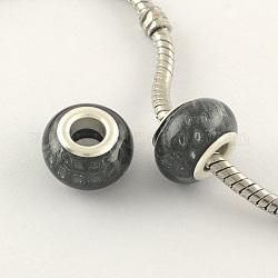 Large Hole Acrylic European Beads, with Silver Color Plated Brass Double Cores, Rondelle, Gray, 14x9mm, Hole: 5mm