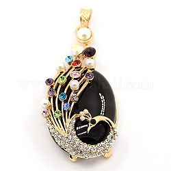 Multi-Color Alloy Rhinestone Peacock Setting with Oval Natural Gemstone Big Pendants, Golden Metal Color, Black Agate, 66x33x15mm, Hole: 7x5mm