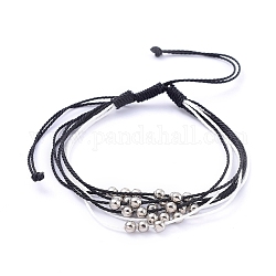 Bracelets de perles tressées en corde de polyester ciré, Bracelets de multi-brins, avec des perles rondes en fer, noir, 1-5/8 pouce ~ 4 pouces (4.3~10.2 cm)