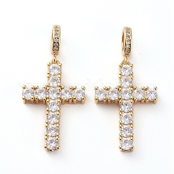 Brass Micro Pave Clear Cubic Zirconia Pendants, Long-Lasting Plated, Cross, Golden, 33mm, Hole: 5mm, Cross: 24x15.5x4mm