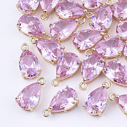 Charms in vetro trasparente, con accessori di ottone, sfaccettato, lacrima, oro chiaro, perla rosa, 15x8x6mm, Foro: 1.2 mm