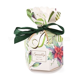 Бумажные коробки конфет, ювелирные изделия конфеты свадьба подарочная упаковка, с лентой, шестиугольная ваза, цветочный узор, 7.25x7.2x13.1 см