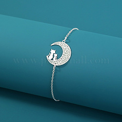 Bracelet à maillons lune et chat en alliage lumineux avec chaînes forçat en laiton, bijoux phosphorescents pour femme, couleur d'argent, 7-1/8 pouce (18 cm)