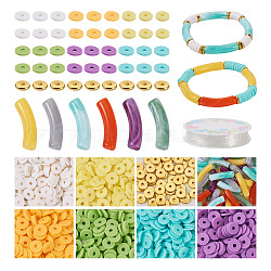 Craftdady DIY Stretch Bracelet Making Kit, Including Curved Tube Acrylic & Polymer Clay Disc & Brass Spacer Beads, Elastic Thread, Mixed Color, 8x1.5mm, Hole: 1.5mm