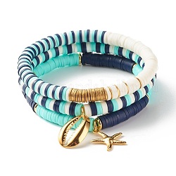 Ensemble de bracelets extensibles en perles heishi en argile polymère faits à la main, bracelet de surf, bracelets à breloques en forme d'étoile de mer et de coquillage pour femmes, or, couleur mixte, diamètre intérieur: 2-1/4 pouce (5.7 cm), 3 pièces / kit