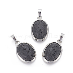 Pendentifs en pierre de lave naturelle, avec les accessoires en laiton, ovale, platine, 25~26x17~17.5x8~9mm, Trou: 8x5mm
