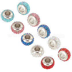 Unicraftale 10pcs 5 Farben Unterlegscheibe 304 Edelstahl Fimo Strass europäische Perlen, Großloch perlen, mit Doppelseitenplatinfarbe Kern, Mischfarbe, 10x6 mm, Bohrung: 4 mm, 2 Stk. je Farbe