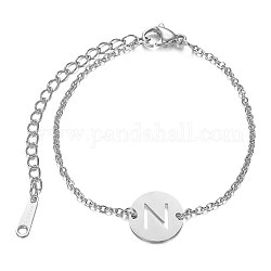 201 Stainless Steel Link Bracelets, with Cable Chains and Lobster Claw Clasps, Flat Round with Letter, Letter.N, 6 inch~6-3/4 inch(15~17.5cm), 1.5mm