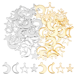 Unicraftale 80Pcs 8 Style 304 Stainless Steel Pendants, Mixed Shape Star & Moon, Golden & Stainless Steel Color, 14.5x12.5x0.6mm, Hole: 1.2mm, 10pcs/style