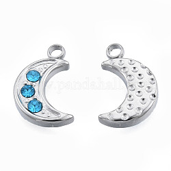 304 Stainless Steel Charms, with Sapphire Rhinestone, Moon, Stainless Steel Color, 12x7.5x2mm, Hole: 1.5mm