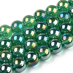 Chapelets de perles en verre transparent électrolytique, de couleur plaquée ab , ronde, vert de mer, 9.5~10mm, Trou: 1.5mm, Environ 40~42 pcs/chapelet, 14.76~15.12 pouce (37.5~38.4 cm)