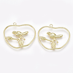 Brass Pendants, Apple with Bird, Real 18K Gold Plated, 27x32x2.5mm, Hole: 1.5mm