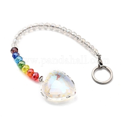 Chakra Heart Crystal Suncatcher Dowsing Pendulum Pendants, with 304 Stainless Steel Split Key Rings, Glass Beads, Velvet Bag, Stainless Steel Color, Colorful, 23.5cm
