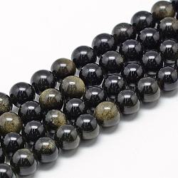 Naturale lucentezza dorata perle di ossidiana fili, grado ab, tondo, 10mm, Foro: 1 mm, circa 38~40pcs/filo, 15.7 pollice