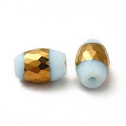 Opaque Electroplate Glass Beads, Half Golden Plated, Faceted, Oval, Aqua, 12x8mm, Hole: 0.8mm