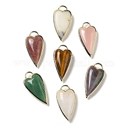 Natural Mixed Stone Pendants, Rack Plating Brass Heart Charms, Golden, 38x19x7.3~7.8mm, Hole: 4.7x6.5mm