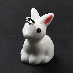 Opaque Resin Pendants, Rabbit Charm, with Platinum Tone Iron Loops, White, 24.5x15x22mm, Hole: 2.5mm