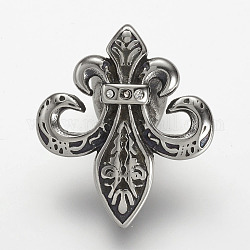 304 Stainless Steel Hook Clasps, For Leather Cord Bracelets Making, with Rhinestone, Fleur De Lis, Antique Silver, 31x27x18mm, Hole: 5x10mm