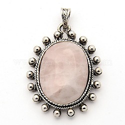 Gemstone Natural Rose Quartz Pendants, with Antique Silver Alloy Pendant Settings, Oval, 47x35x10mm, Hole: 5x8mm