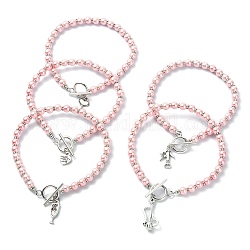 Tibetan Style Alloy Charm Bracelet, with Glass Pearl Round Beaded Chains, Mixed Shape, Pink, 9-5/8 inch(24.5cm)