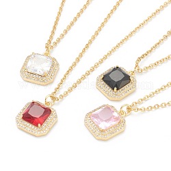 Brass Micro Pave Cubic Zirconia Pendant Necklaces, with Rhinestone and 304 Stainless Steel Cable Chains, Square Octagon, Golden, Mixed Color, 17.72 inch(45cm)