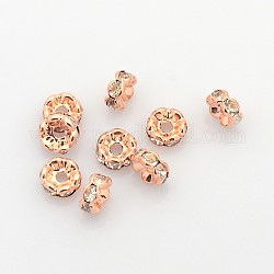 Abalorios de latón Diamante de imitación espaciador, aaa grado, borde ondulado, sin níquel, oro rosa, rerondana plana, cristal, 6x3mm, agujero: 1 mm