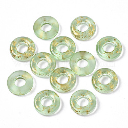Transparente sprühlackierte europäische Glasperlen, Großloch perlen, mit goldener Folie, Donut, hellgrün, 11x3 mm, Bohrung: 4 mm
