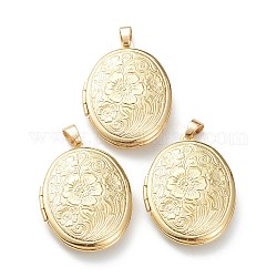 Brass Locket Pendants, Photo Frame Pendants for Necklaces, Long-Lasting Plated, Oval with Flower, Real 18K Gold Plated, 33.5x23.5x6mm, Hole: 4x3mm, 23x16mm Inner Diameter