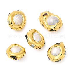 Perle ovali di perle keshi naturali in stile barocco, placcato di lunga durata, con bordo in ottone placcato oro e tormalina naturale, colore conchiglia, 21~24x18~20x12~12.5mm, Foro: 0.8 mm