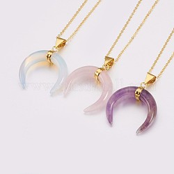 Natural & Synthetic Mixed Stone Pendant Necklaces, with Brass Chain and Spring Ring Clasps, Double Horn/Crescent Moon, Golden, 18.11 inch(46cm), 1.6mm, Pendant: 35x33x10mm