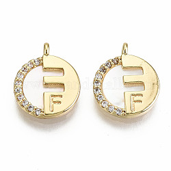 Natural Freshwater Shell Charms, with Brass Findings and Clear Cubic Zirconia, Nickel Free, Loops, Flat Round with Letter F, Real 18K Gold Plated, 12x10x1.5mm, Hole: 1.5mm