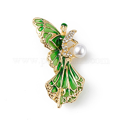 Broche émail fée papillon avec strass cristal, Style, insigne en alliage d'or clair avec perle en plastique perlée pour femme, verte, 50.5x32x13.5mm